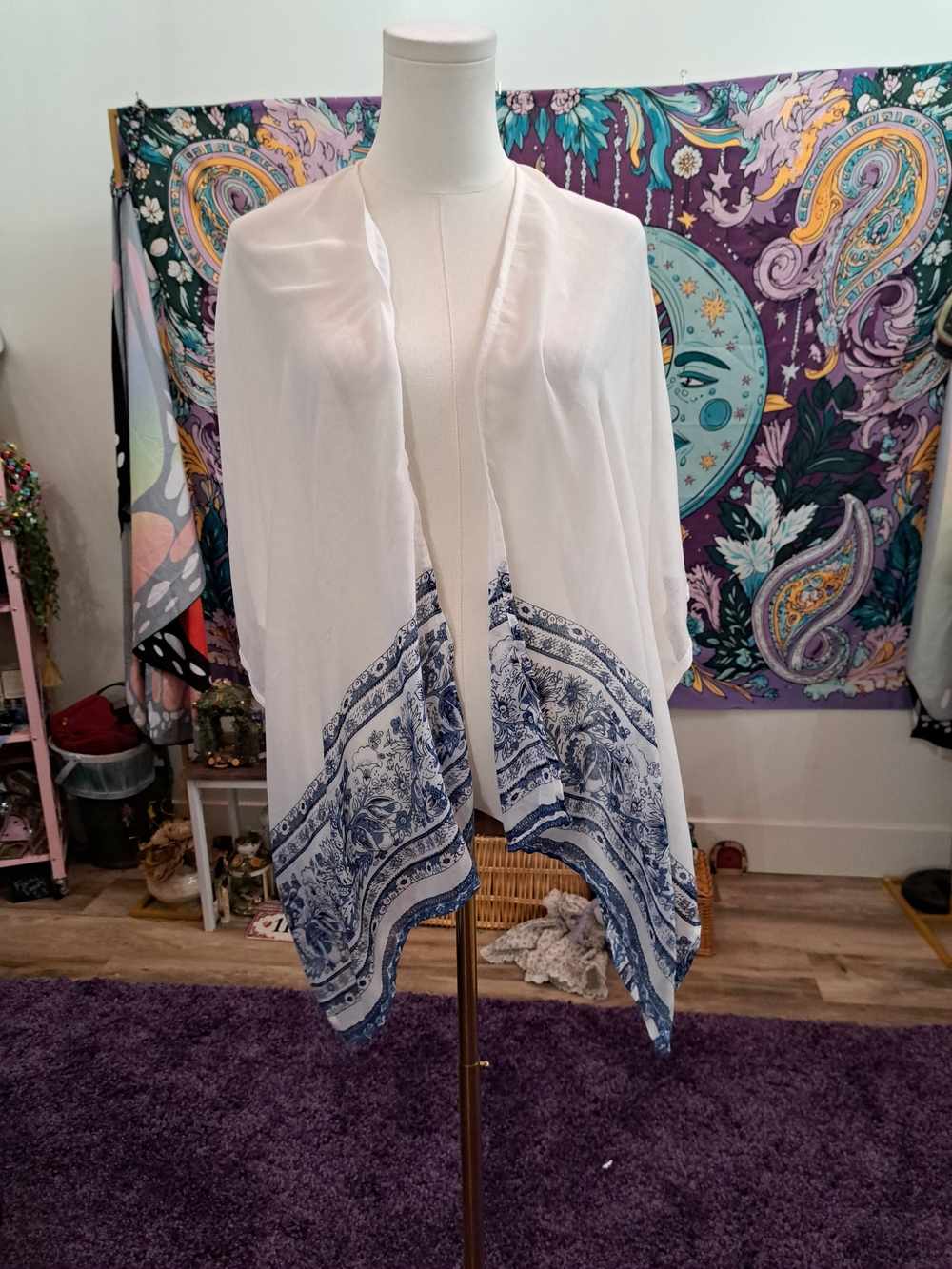 Porcelain Garden Kimono • Blue & White Floral Border Draped Wrap